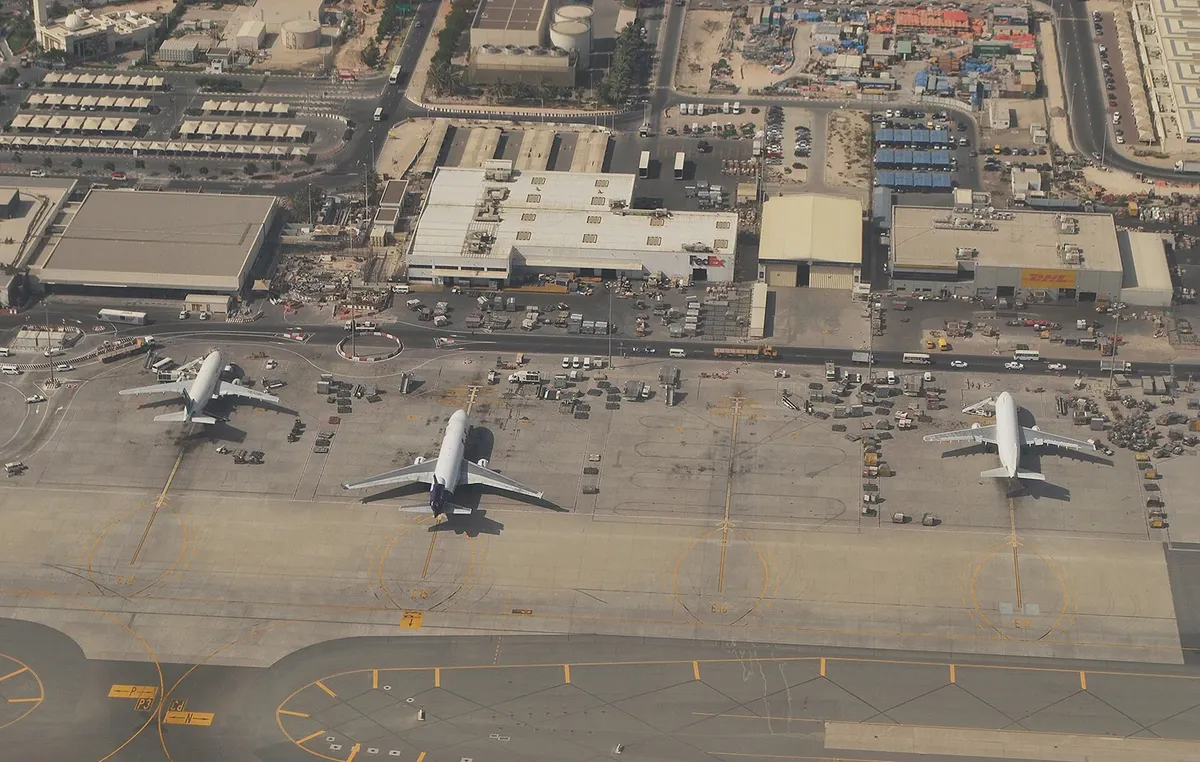 Cargo aircraft on the apron at an air cargo terminal: standalone lithium batteries travel only on cargo aircraft, never on passenger flights