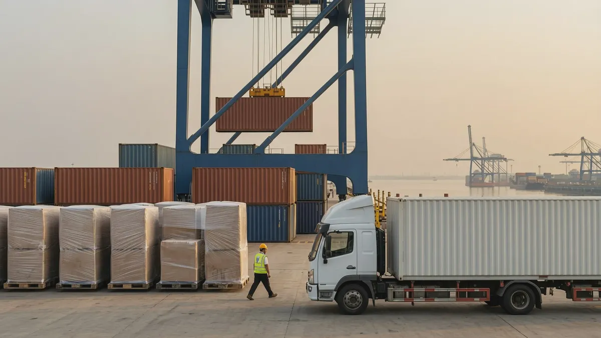 Pallets of shrink-wrapped export cartons on the quay at a South China container port while a gantry crane lifts a 40ft container