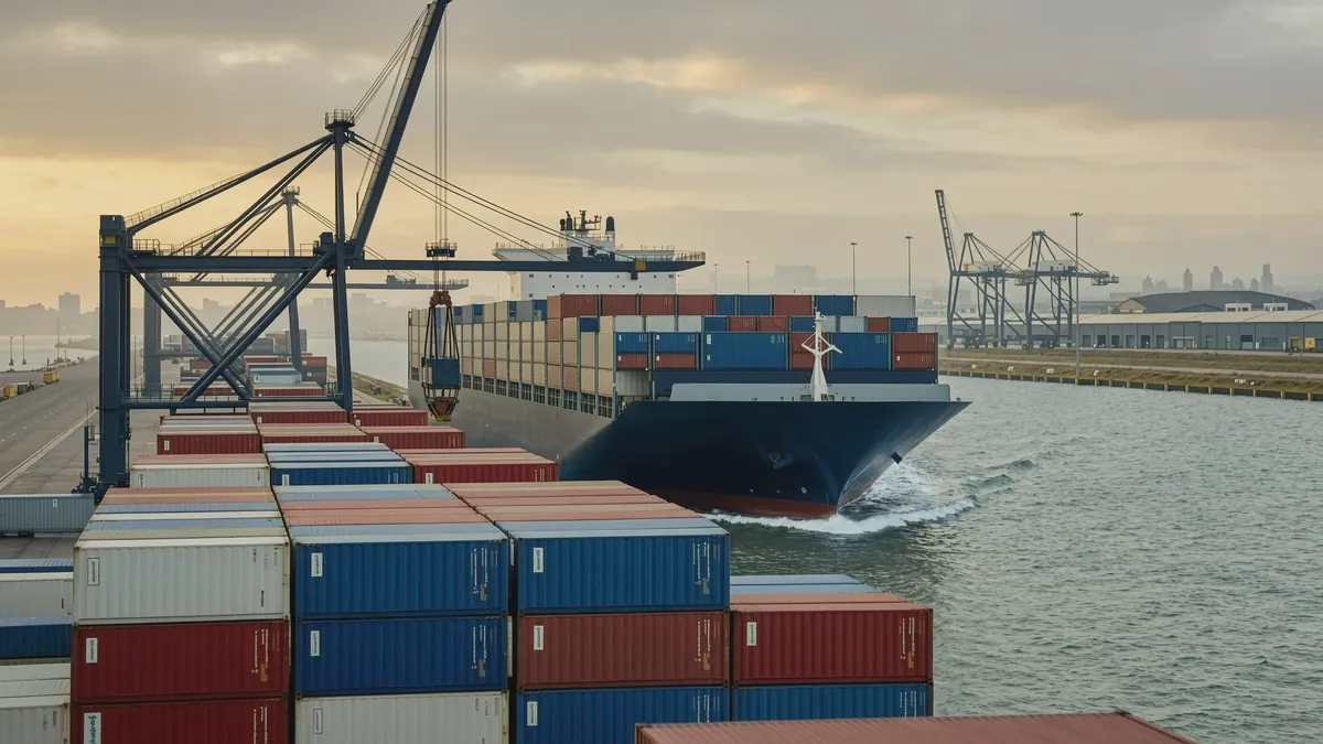 Freight cost from China to UK: a container ship berthing at a British container terminal at golden hour, ship-to-shore gantry crane above stacked 40ft containers