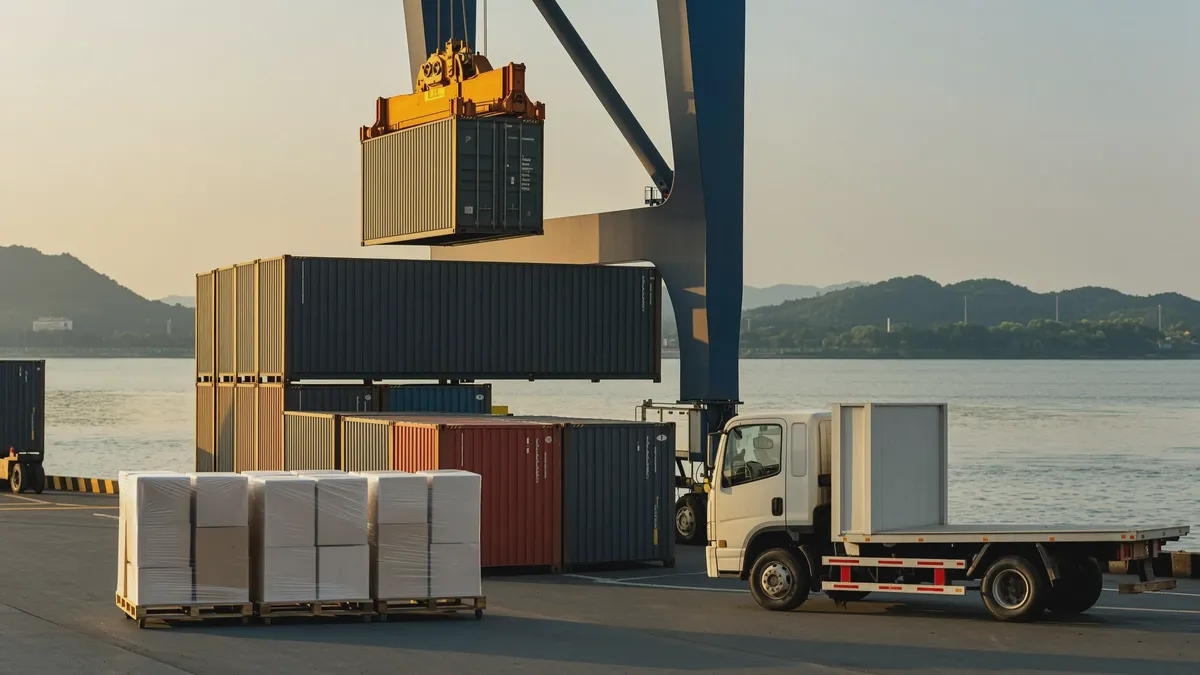 A gantry crane lifting a 40ft container over stacked boxes at Nansha container terminal in Guangzhou at golden hour, with shrink-wrapped export cartons on the quay